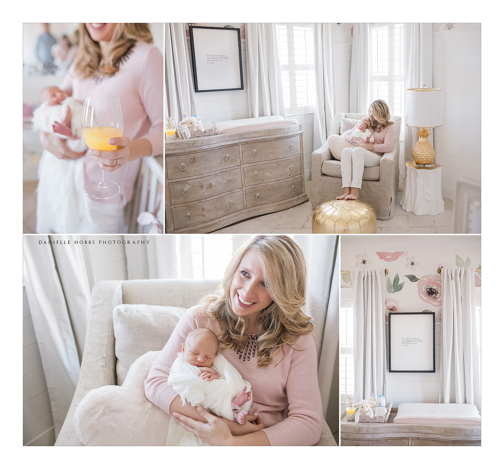 lifestyle newborn photography, pink and gold nursery, watercolor wallpaper