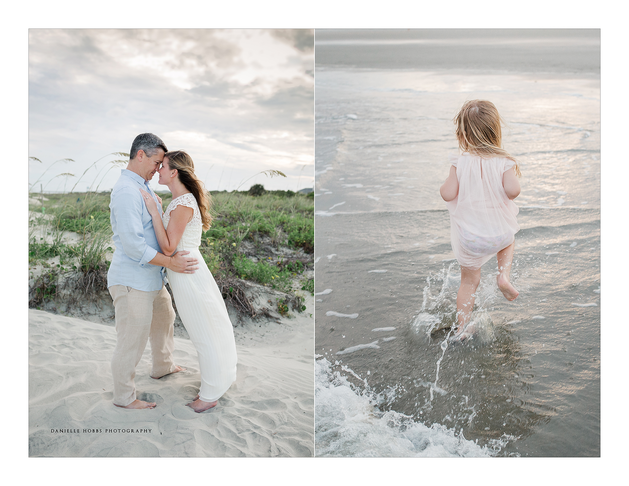 Couple on the beach running toddler