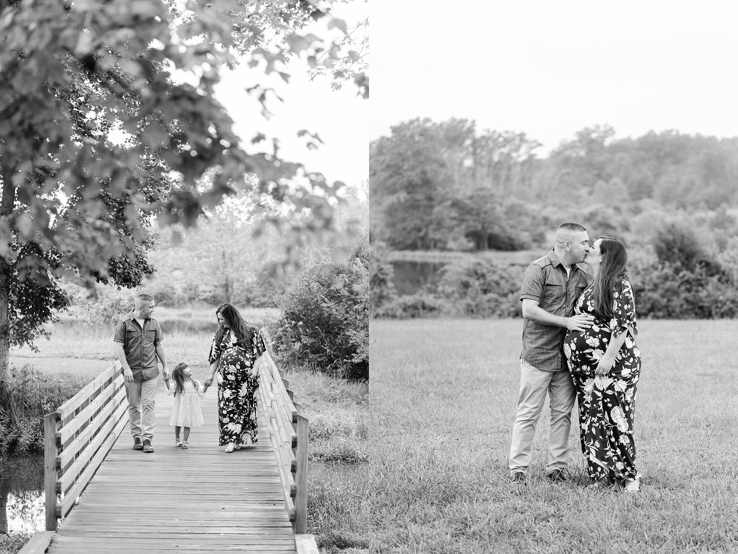 Northern Virginia Maternity Photographer black and white pictures on wooden bridge 